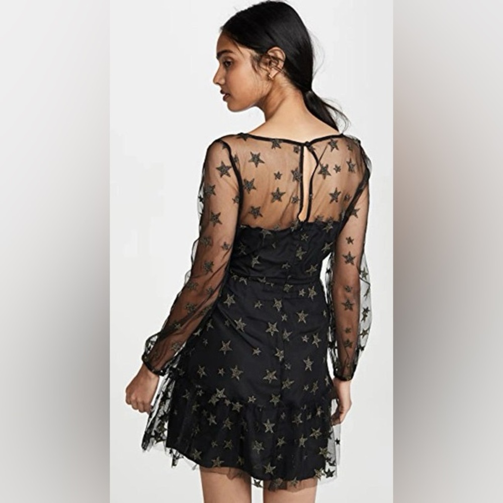BB Dakota Star Status mini-dress black mesh w/ gold stars & sheer sleeves size 2